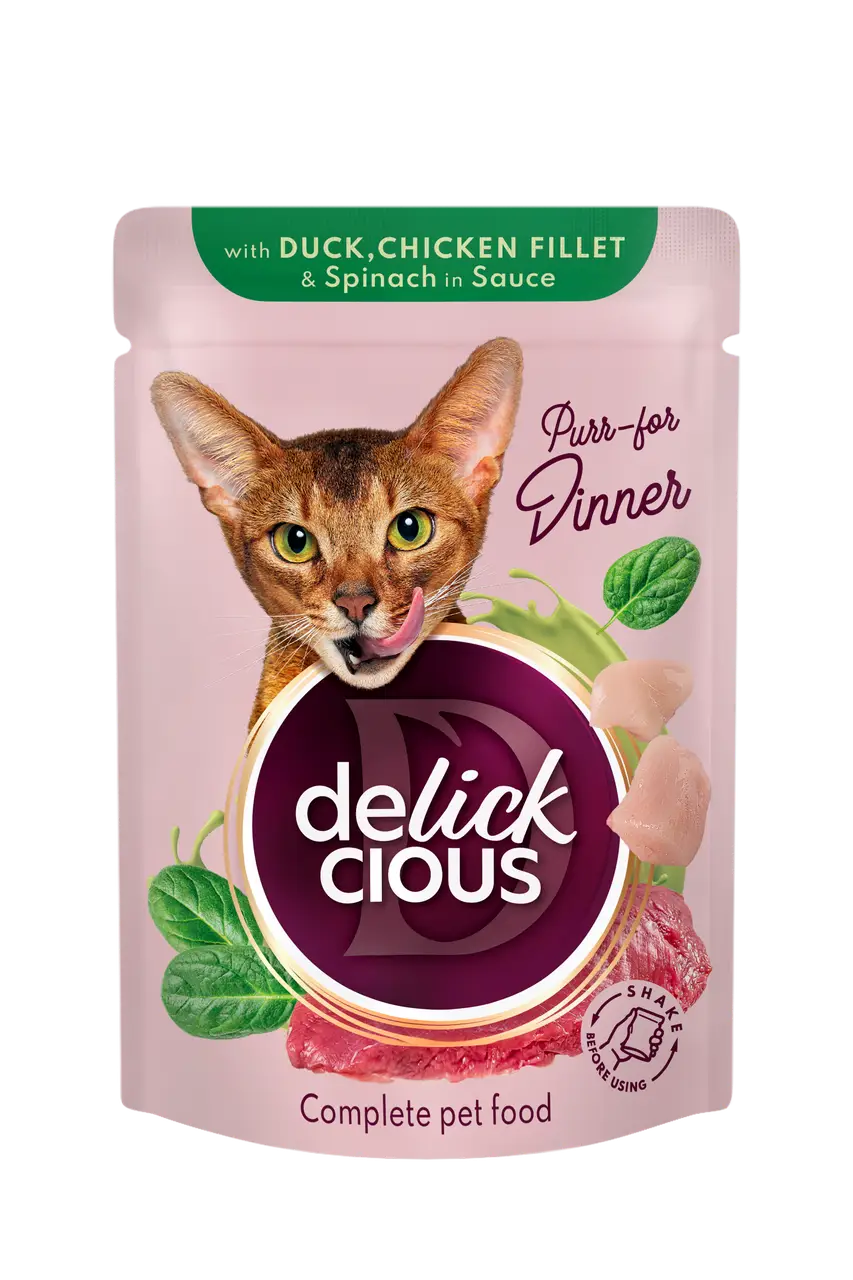 Delickcious паучі для котів 85г*12шт (шматочки з качкою, курячим філе і шпинатом в соусі)1